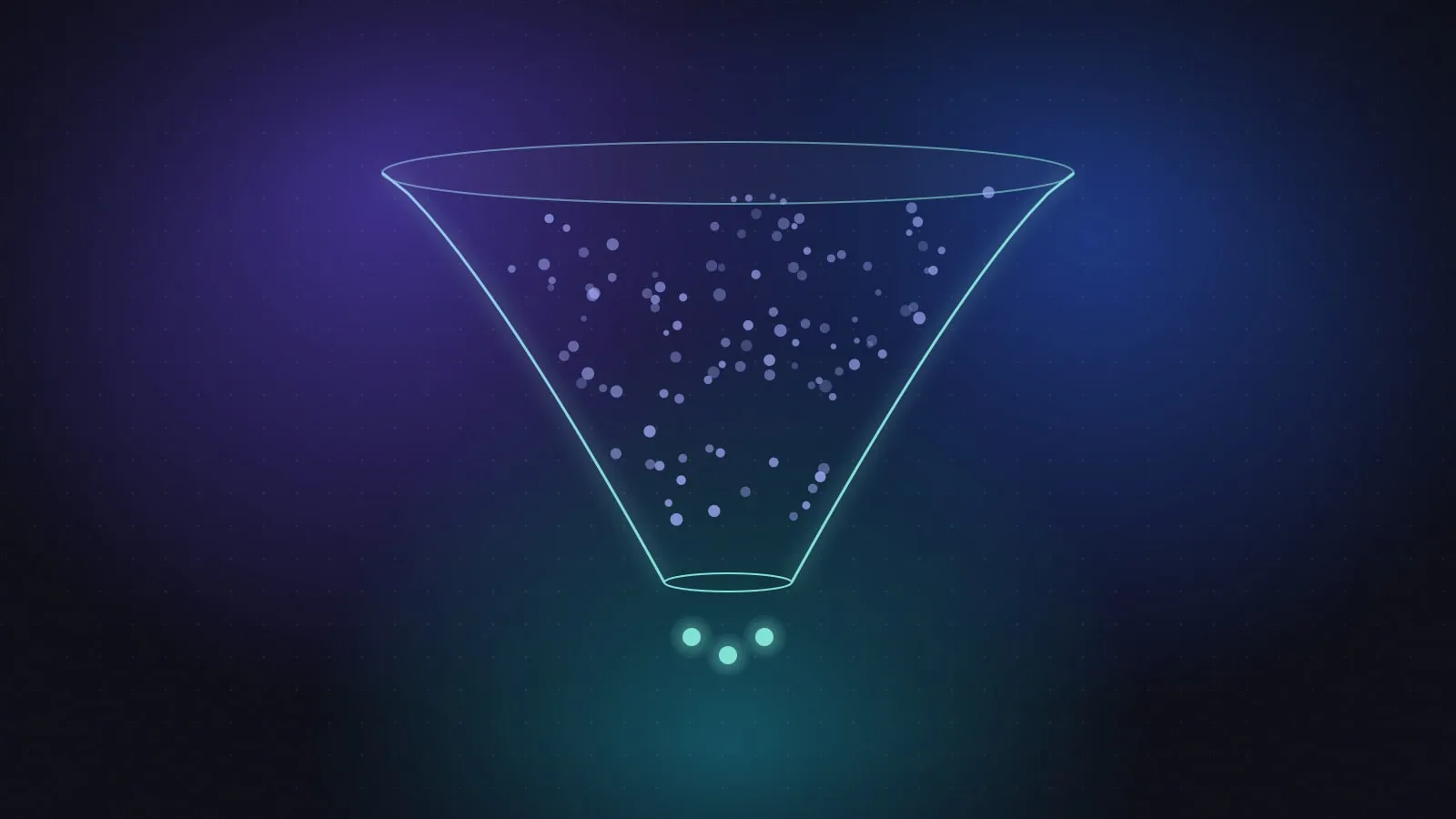 Illustration of many small points of light entering a funnel, with only a few bright ones emerging at the bottom