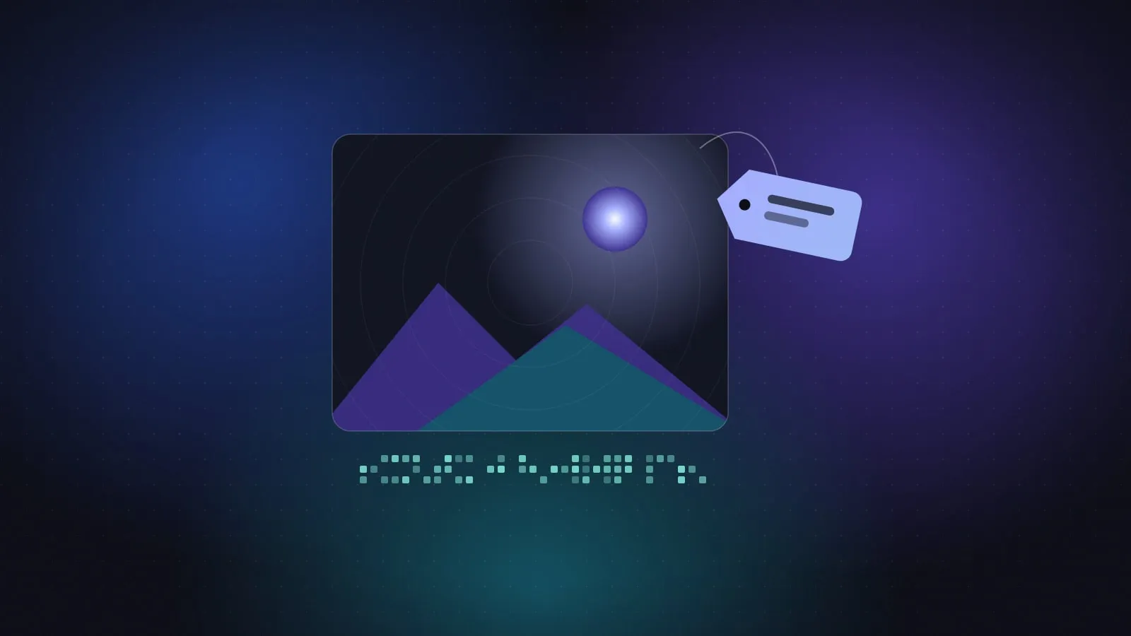 Illustration of an image frame with an attached provenance label and a band of machine-readable marks