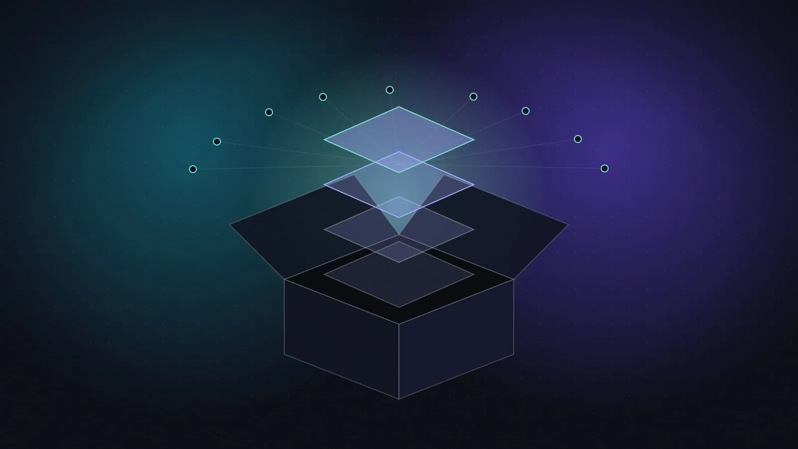 Illustration of layered model blocks rising out of an open container, surrounded by network nodes