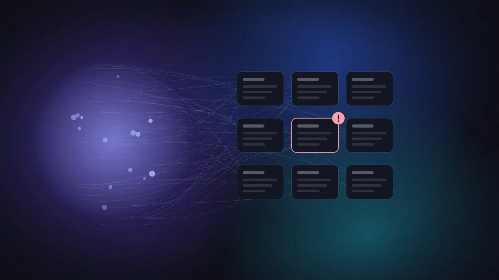 Illustration of a swarm of automated requests converging on a grid of wiki pages, with one page flagged